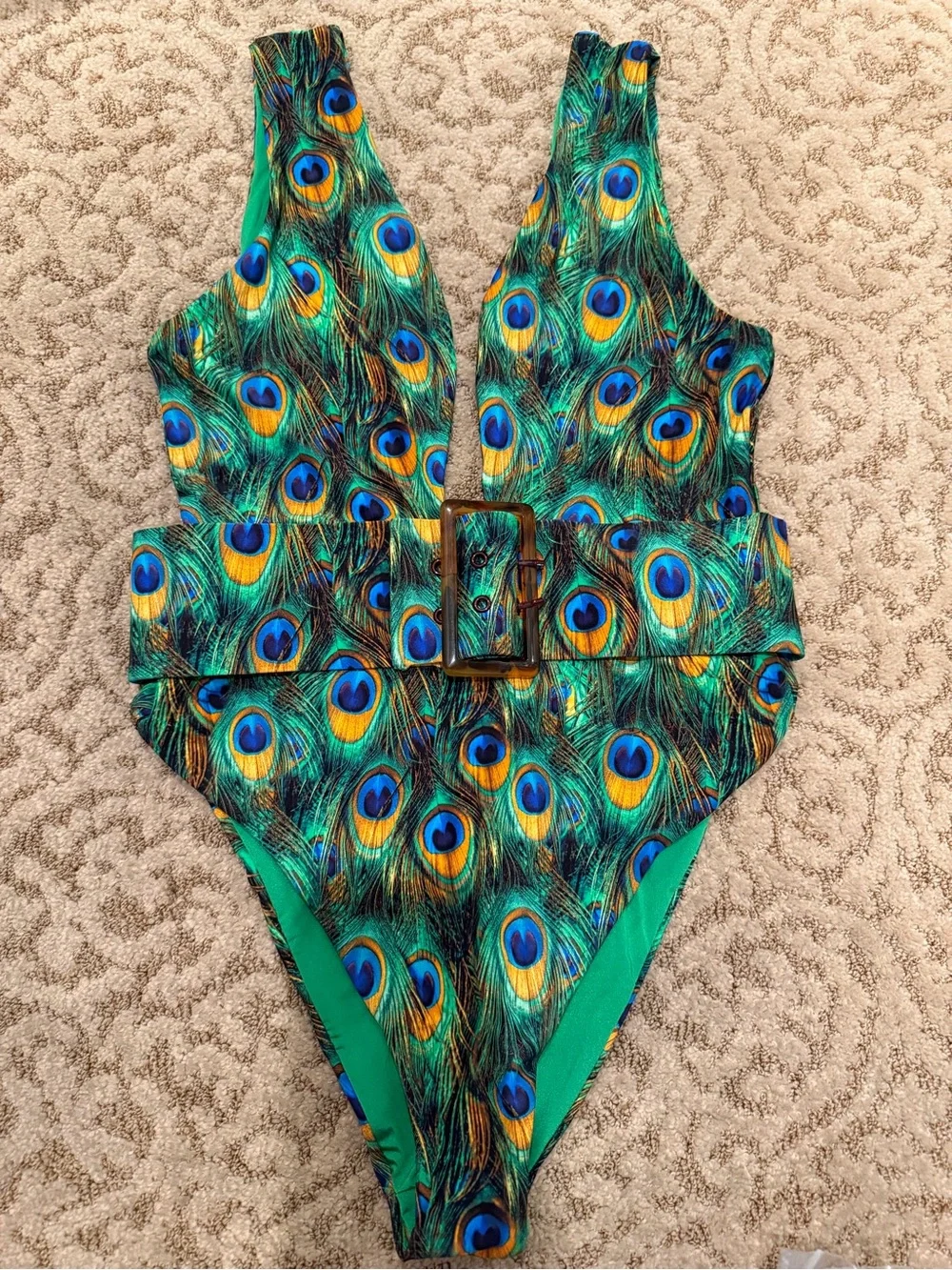 WE WORE WHAT Peacock-Print Plunged One-Piece Belted Swimsuit MEDIUM NEW!